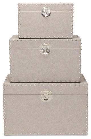 Set Of 3 Linen Trunk With Metal Studs