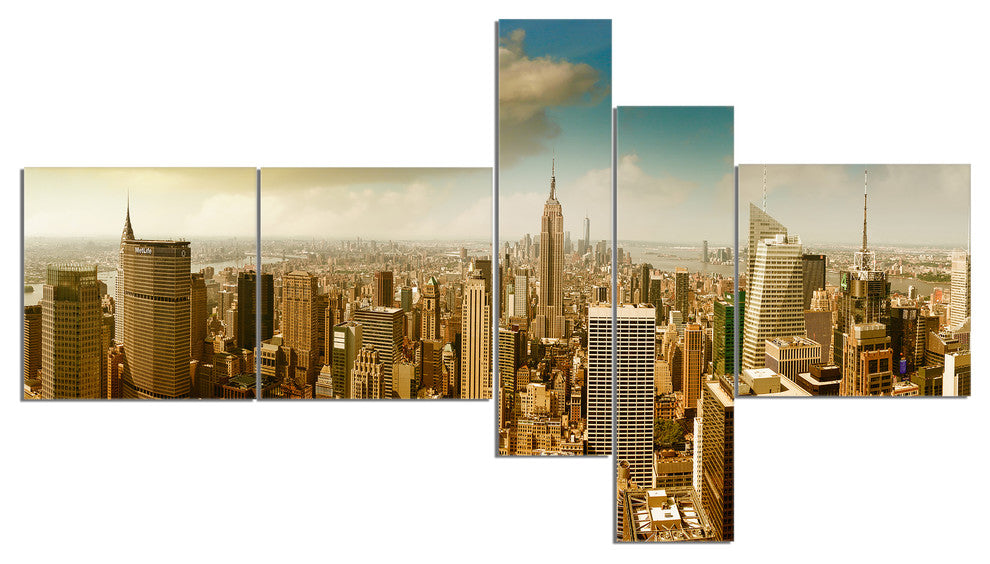 Midtown and Downtown Manhattan, Modern Cityscape Canvas Print, 60"x32", 5 panels