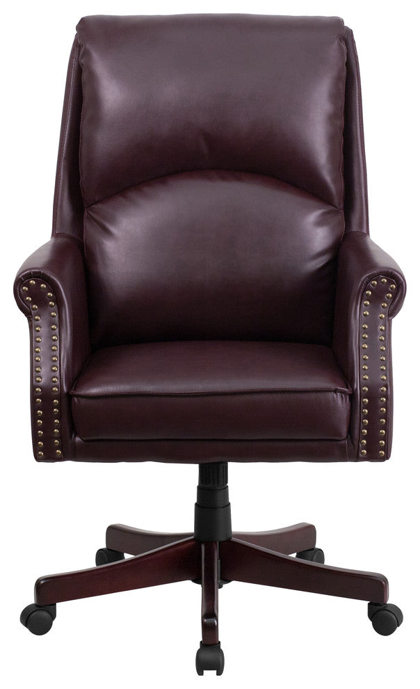 High Back Pillow Back Burgundy Leather Executive Swivel Chair With Arms