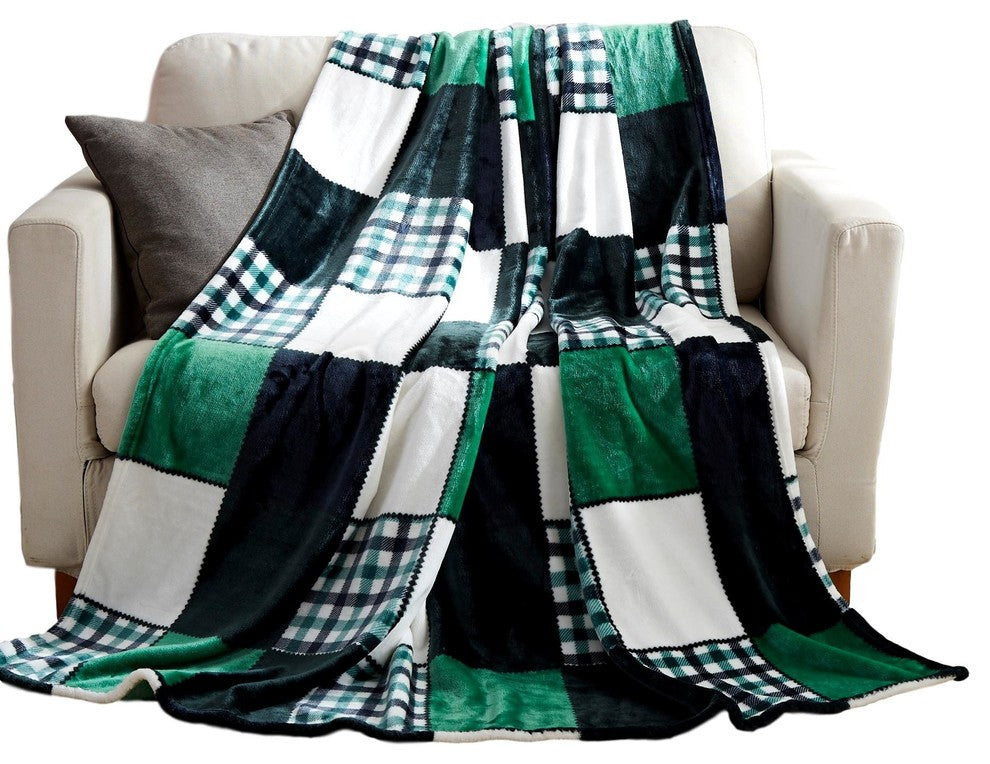Tache Forest Green Super Soft Cozy Fleece Tartan Patchwork Throw Blanket, Full/Q