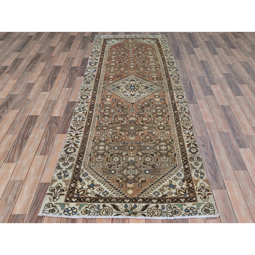 Almond Brown Vintage Persian Hamadan Hand Knotted Pure Wool Runner Rug, 3'4"x10'