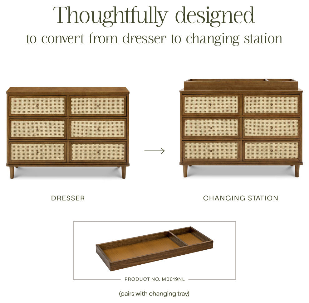 Marin With Cane 6 Drawer Assembled Dresser, Natural Walnut/Blonde Cane