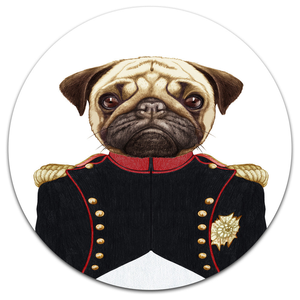 Pug Dog In Military Uniform, Modern Animal Round Wall Art, 23"