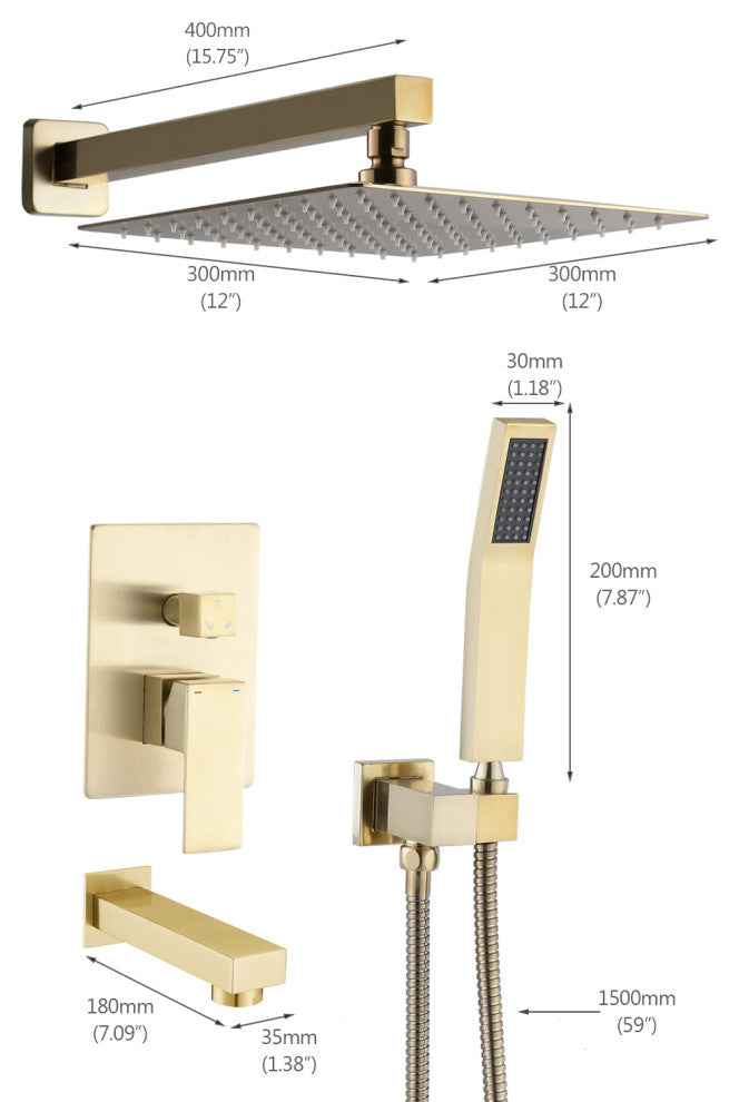 12" Wall Mounted Rainfall Shower System With Tub Spout, Brushed Gold