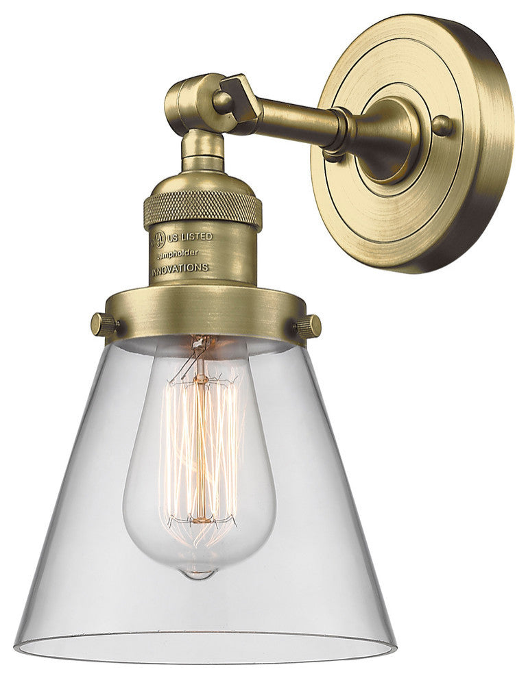 Small Cone 1-Light LED Sconce, Antique Brass, Glass: Clear
