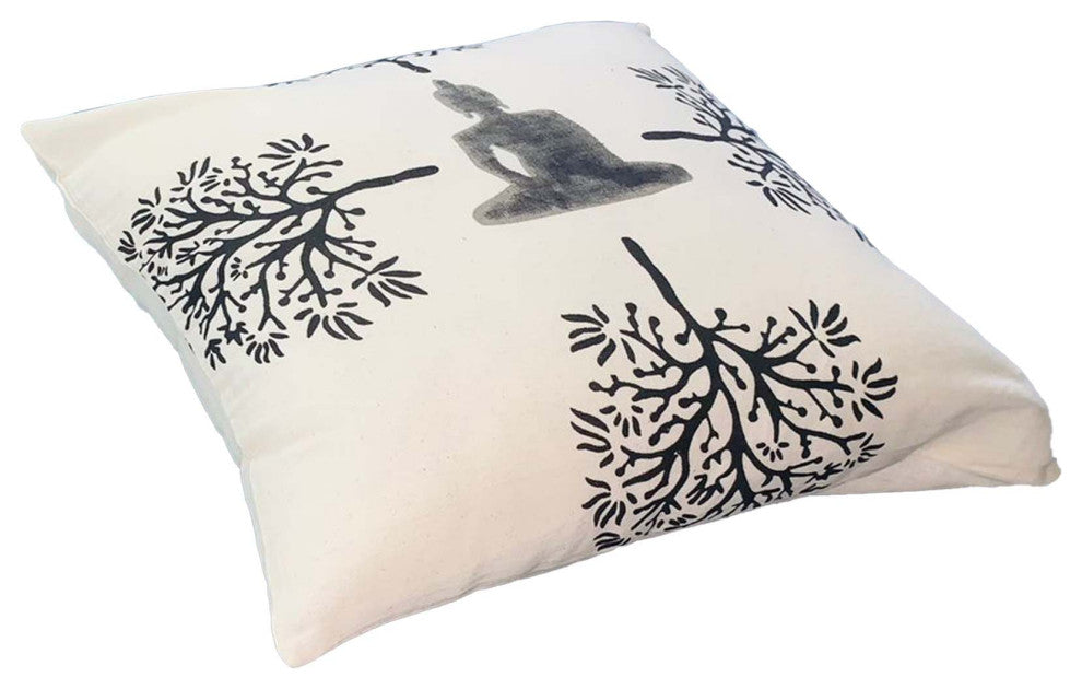 Benzara UPT-268962 Square Accent Throw Pillow, Meditating Buddha, Gray/White