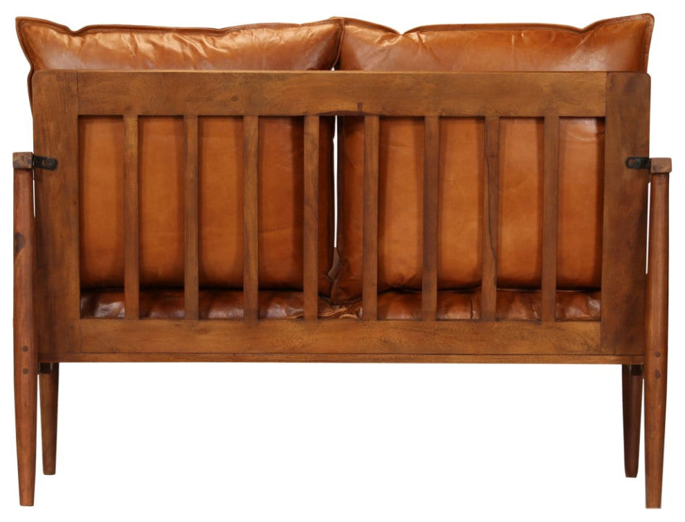 vidaXL 2-Seater Sofa Real Leather With Acacia Wood Brown