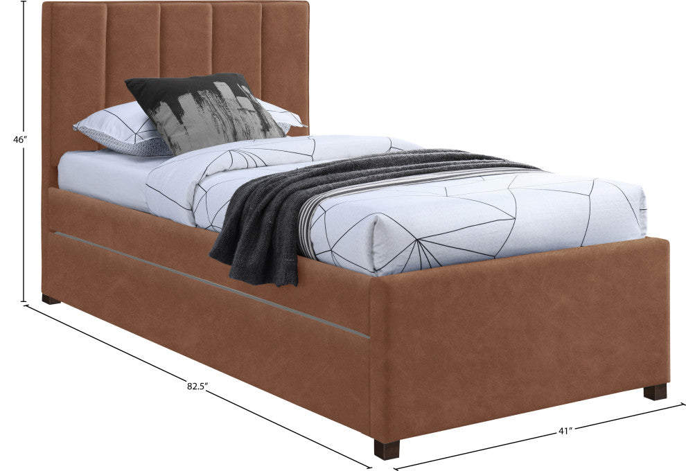 Hudson Beige Faux Leather Twin Trundle Bed, Cognac
