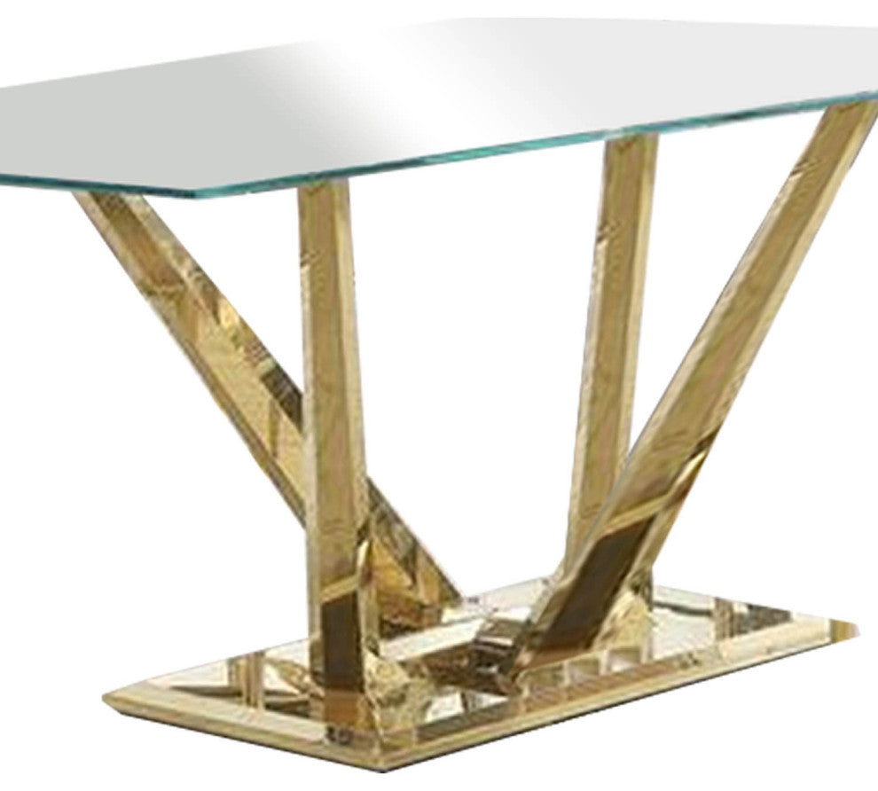 Benzara BM261901 Dining Table and Glass Top and Steel Pedestal Base, Gold