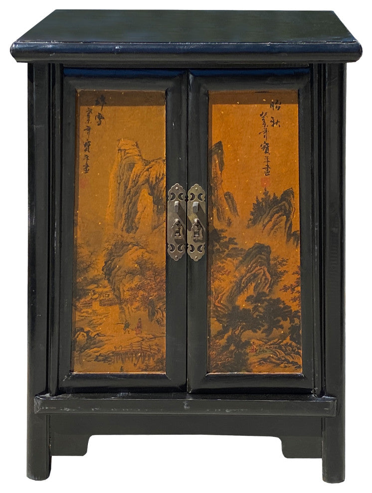 Chinese Distressed Black Yellow Scenery Graphic End Table Nightstand Hcs7341