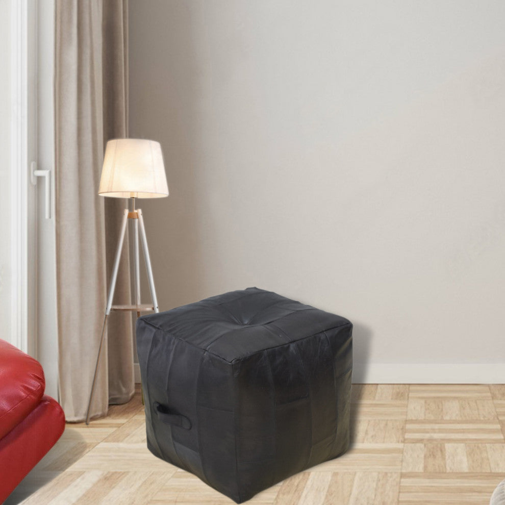 Geometric Handmade Leather Pouf (Recycled Foam with Fibre Fill) Black, [Square]18x18x18