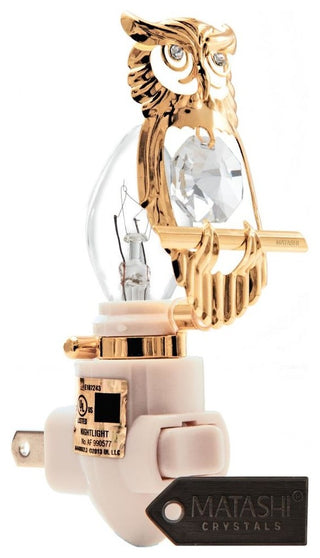 24K Gold Plated Crystal Studded Owl Night Light by Matashi