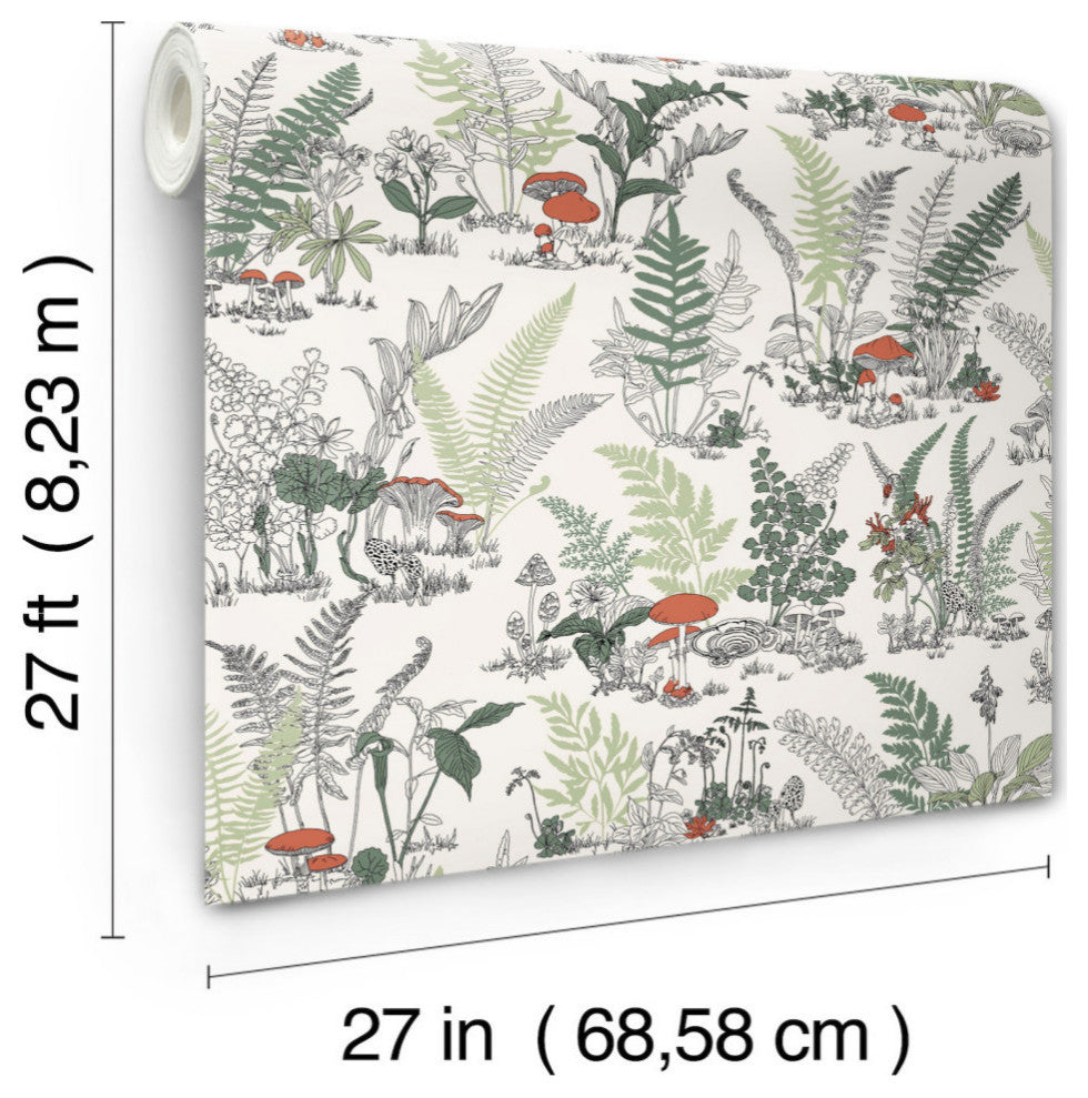 Mushroom Garden Toile Red and Green Wallpaper