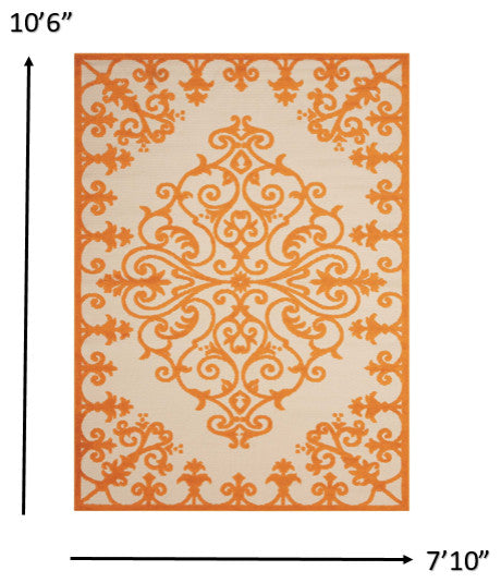 8' X 11' Orange And Ivory Damask Indoor Outdoor Area Rug