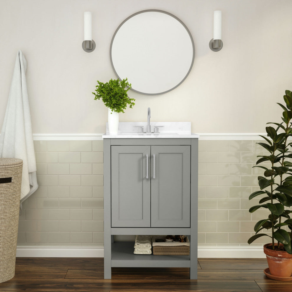 Vega Bathroom Vanity-Sink, Soft Close Doors, Carrara Marble Finish Countertop, Gray, 24 Inch