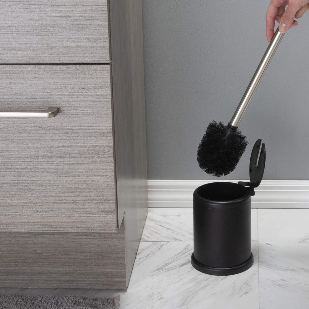 Toilet Brush Set with Stainless Steel Handle, Folding Lid and Removable Insert, Black