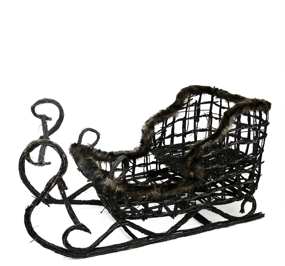 Glittery Wicker Sled Sleigh Decoration With Fur Accent, Dark Brown and Black