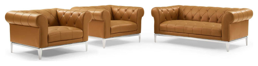 Tufted Armchair and Loveseat Sofa Set, Leather, Tan, Modern, Lounge Hospitality