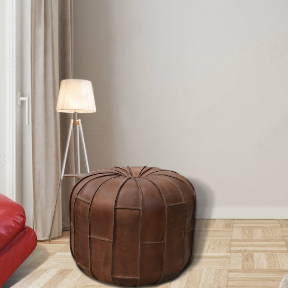 Solid Handmade Leather Pouf Brown, 16x16x16
