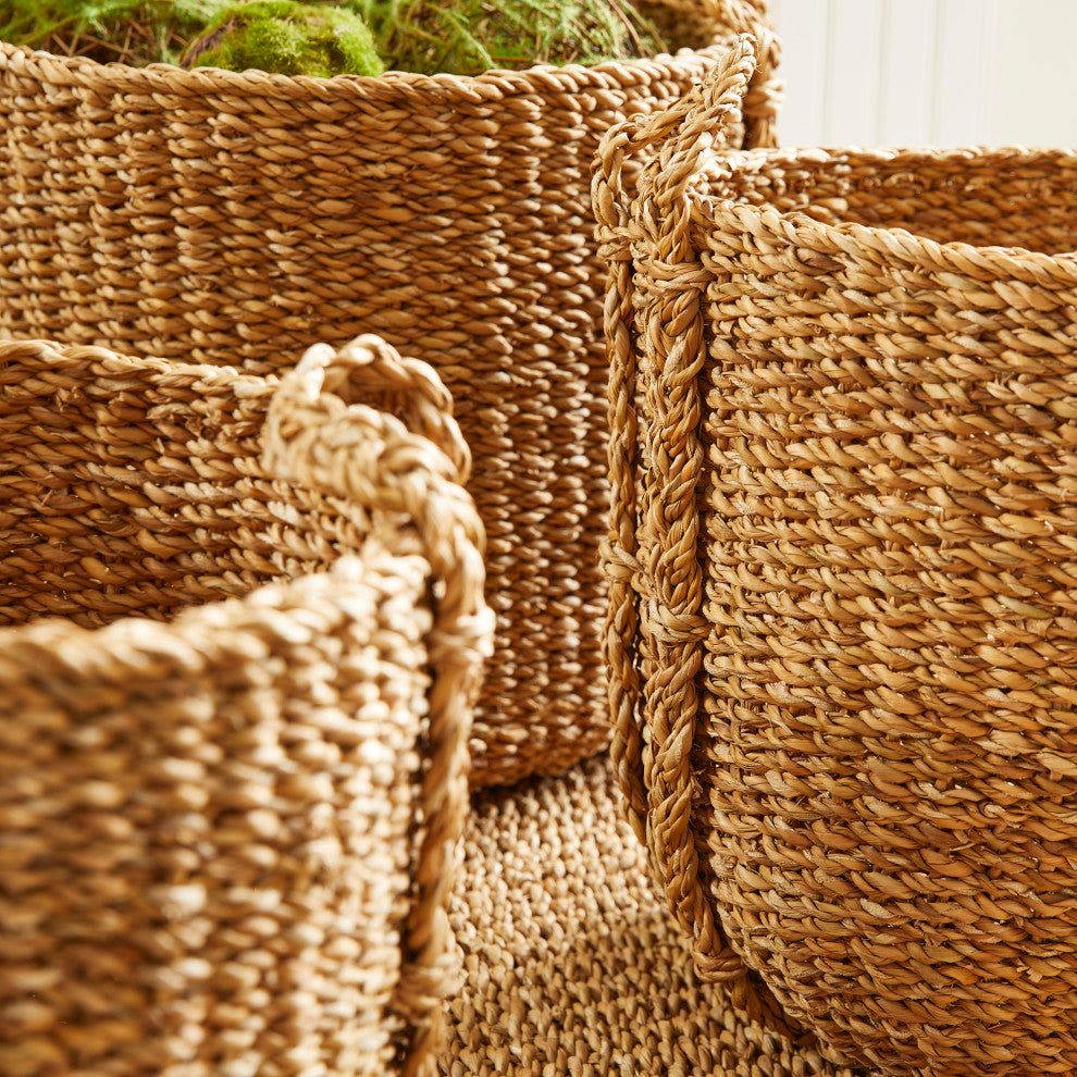 Set of 3 Contemporary Casual Natural Sea Grass Round Tote Baskets Handles Large