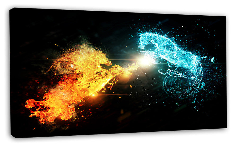 Fire and Water Abstract Horses, Animal Canvas Art Print, 32"x16"