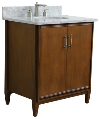 31" Single Sink Vanity, Walnut Finish, White Carrara Marble With Oval Sink