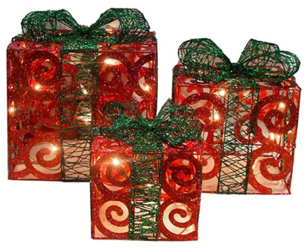 Swirl Gift Boxes Christmas Decorations, 3-Piece Set, Red