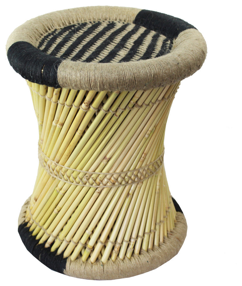 Natural Geo Moray Decorative Handwoven Jute Accent Stool, Black Striped