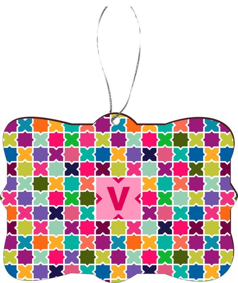 Letter V Monogram Hot Pink Mosaic Rectangle Design Christmas Tree Ornament