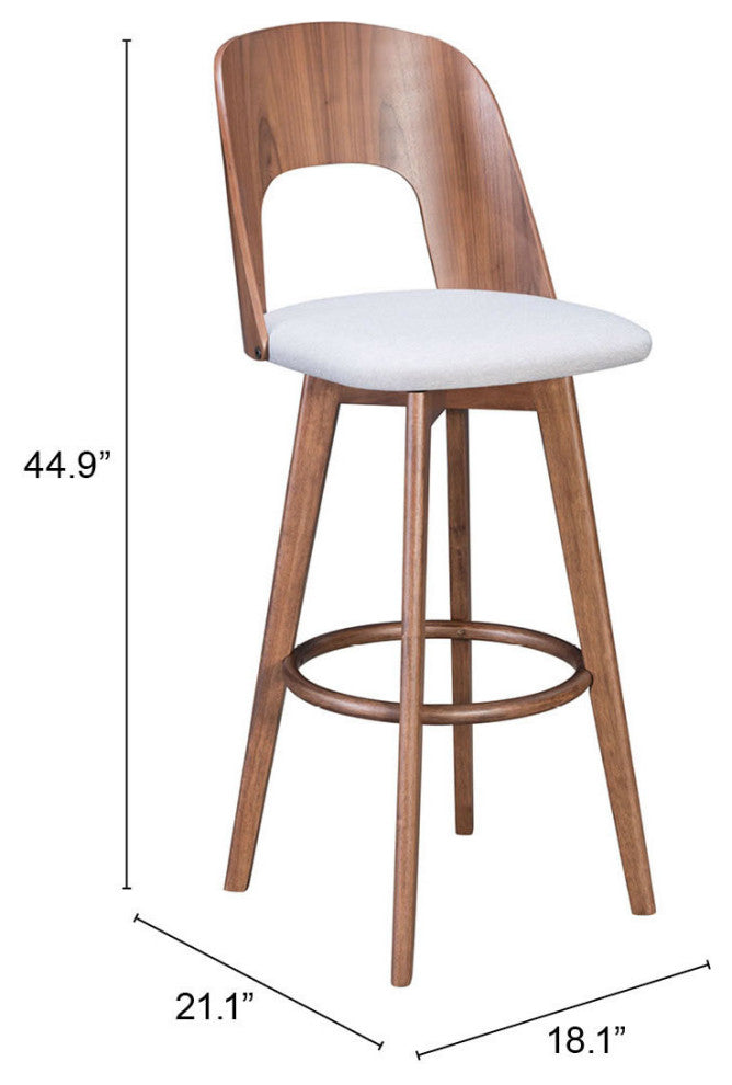 Bar Stool Chair Barstool, Set of 2, Fabric, Wood, Walnut, Gray, Cafe