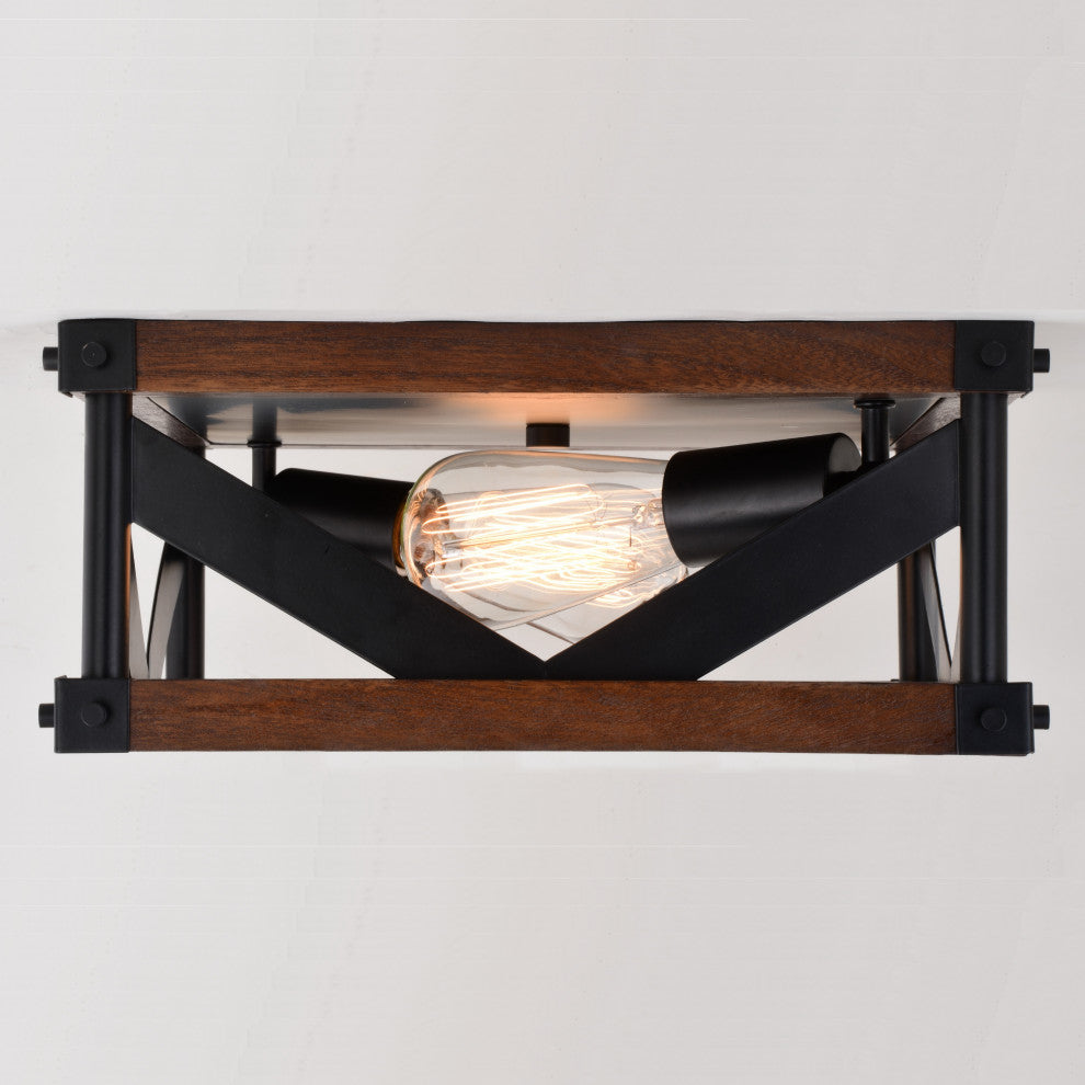 Wade 13" 2 Light Flush Mount Matte Black and Sycamore