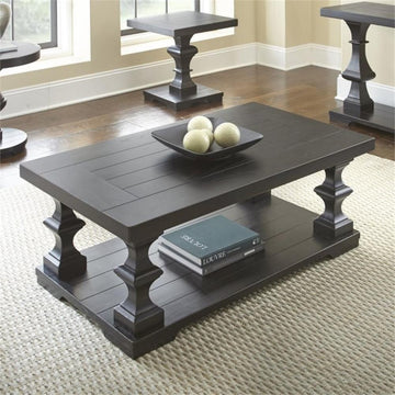 Bowery Hill Wood Coffee Table with Planked Top and Pedestal Base in Ebony