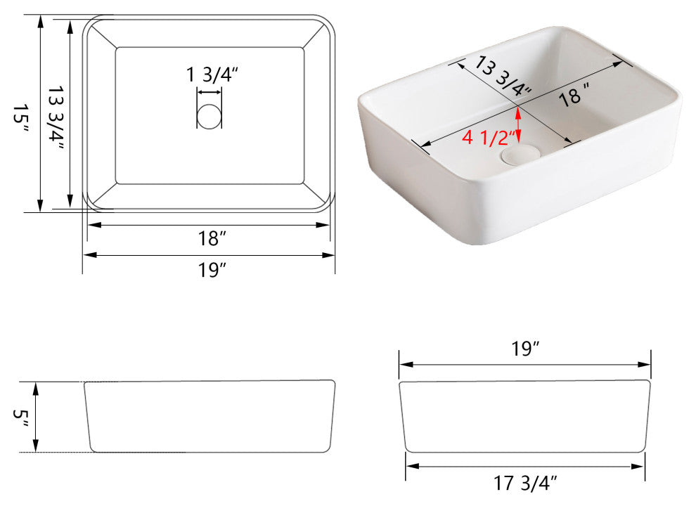 19"X15" Ceramic Rectangular White Bathroom Vessel Sink Above Counter Sink