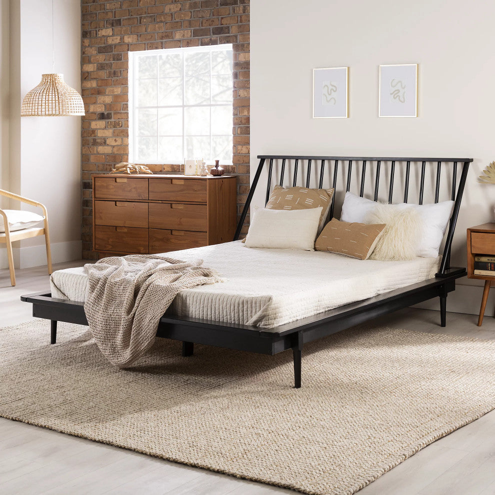 Queen Size Platform Bed, Pine Wood Construction With Spindle Headboard, Black