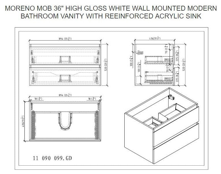 MOB 36" Wall Mounted Vanity With Reinforced Acrylic Sink, Black