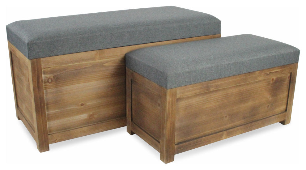 2-Piece Set Rectangular Gray Linen Fabric and Wood Storage Benches