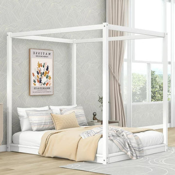 Pine Wood Canopy Bed, Low Profile Platform Bed with support Legs, Queen