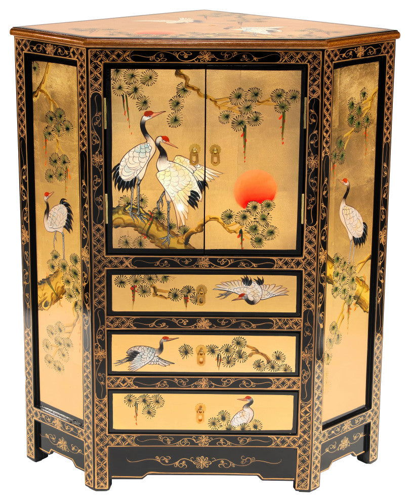 Gold Lacquer Corner Cabinet Cranes