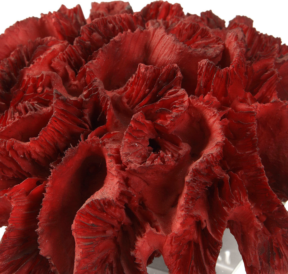 Luxe Modern Red Coral Crystal Cube Sculpture, Coastal Sea Shell Finial Statue