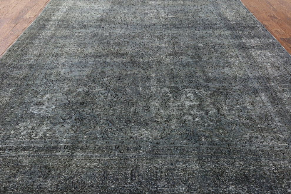 Overdyed Blue Oriental Hand-Knotted Wool Floral Rug, 10'x12'