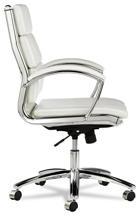 Contemporary Office Chair, Chrome Frame With Swivel White PU Seat & Ribbed Back