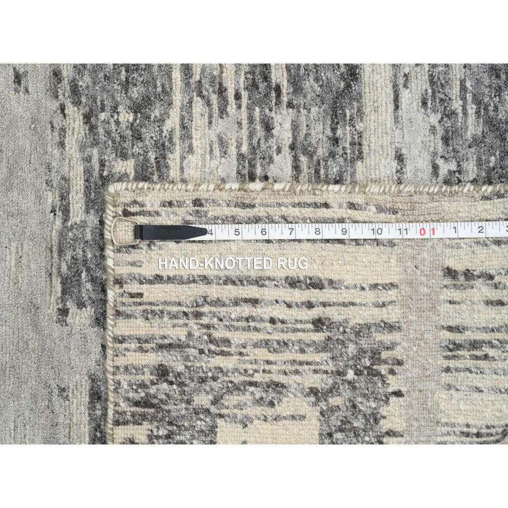 Gray, Modern Design, Natural Wool, Hand Knotted XL Runner Rug, 2'6"x20'0"