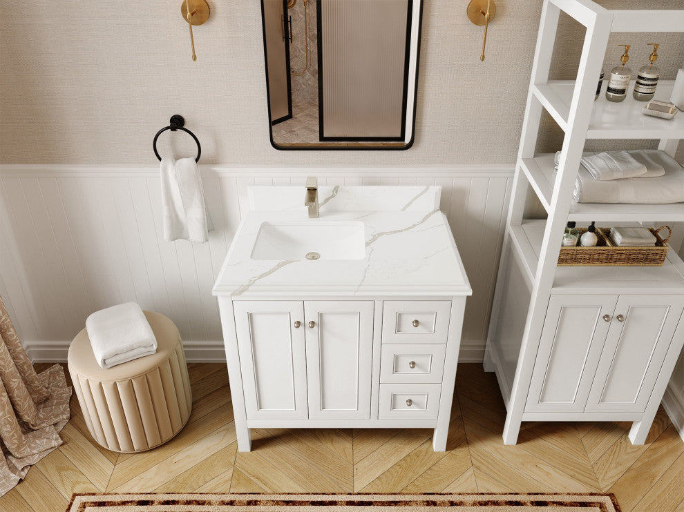 Nashville 36" Left Offset Bath Vanity, White 1.5" Calacatta Laza