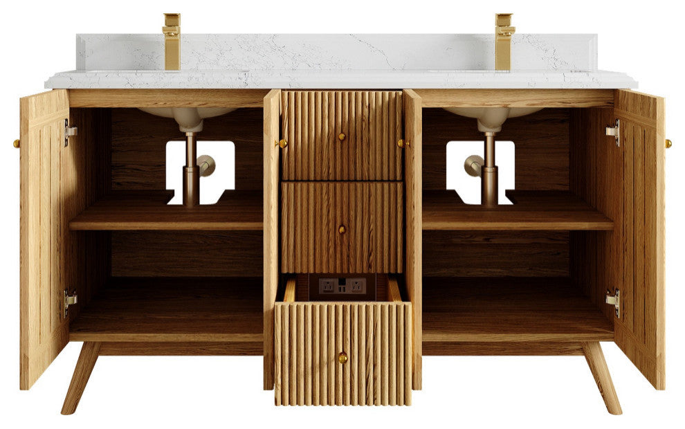 Pasadena Oak 60" Double Bathroom Vanity, White 1.5" Empira Quartz