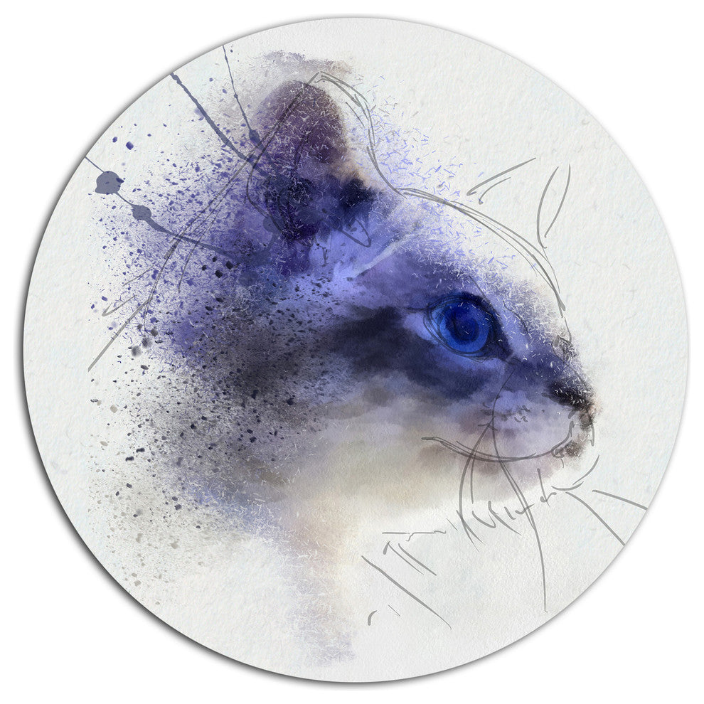 Blue Cat Face Watercolor Sketch, Animal Disc Metal Artwork, 11"