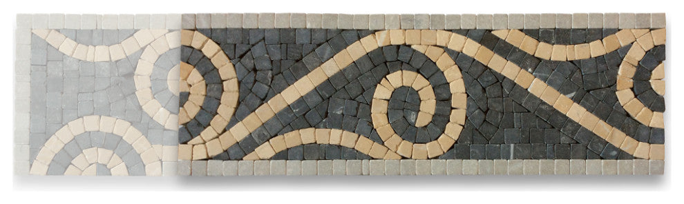 Marble Mosaic Border Insert Listello Tile Swirl Nero 4x12 Tumbled, 1 piece