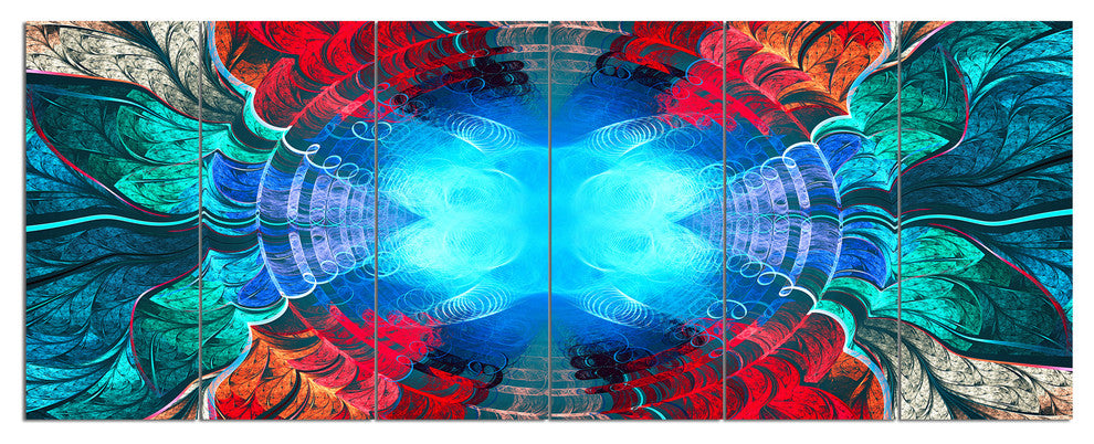 Blue Fractal Circles and Waves, Abstract Canvas Art Print, 70"x28", 6 Panels