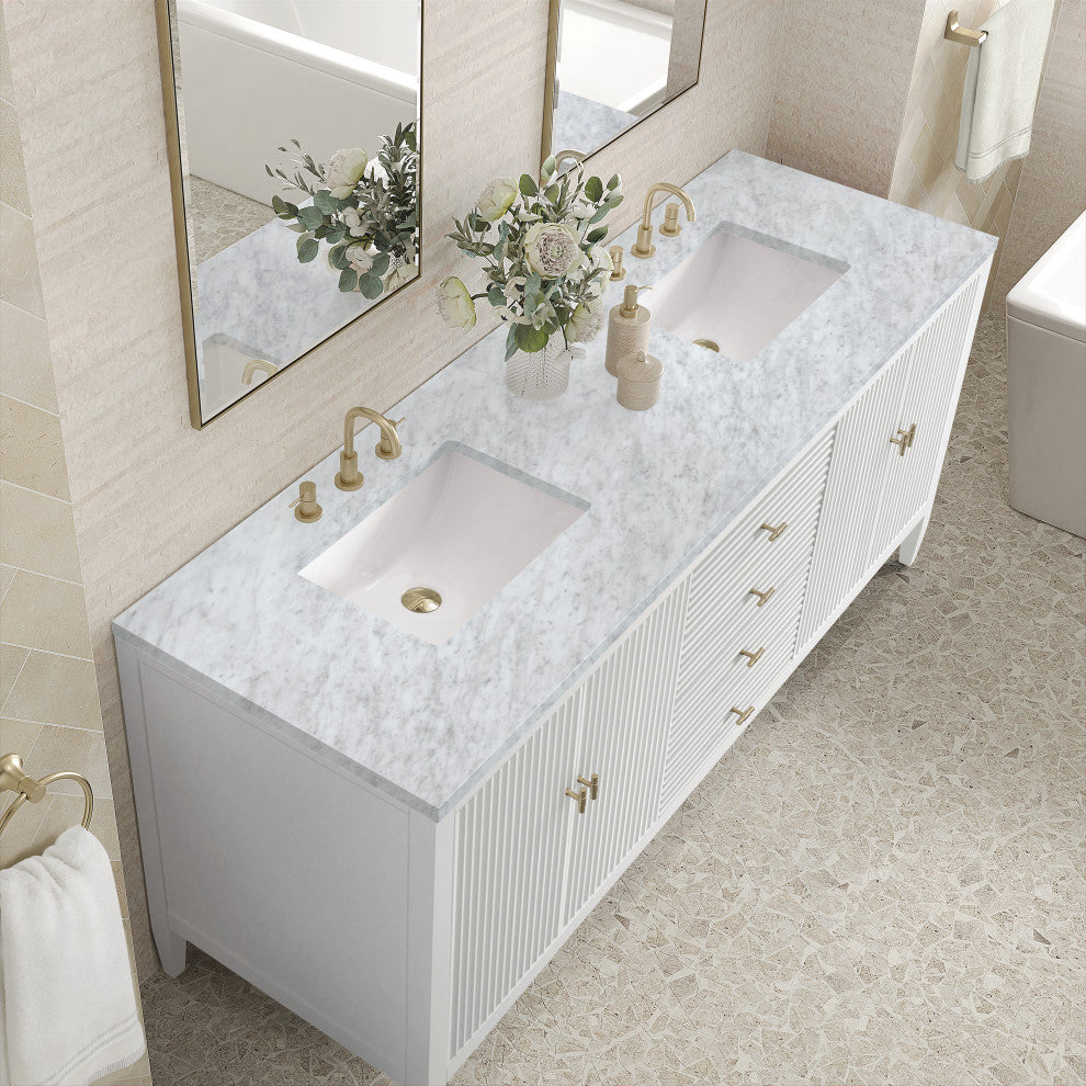 Myrrin 72" Double Vanity, Bright White, 3 CM Carrara White Marble Top