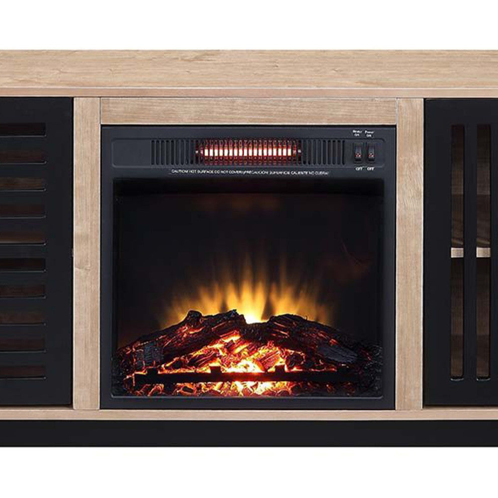 Benzara BM274623 47" Wood Console Table, LED Electric Fireplace, Oak Brown/Black
