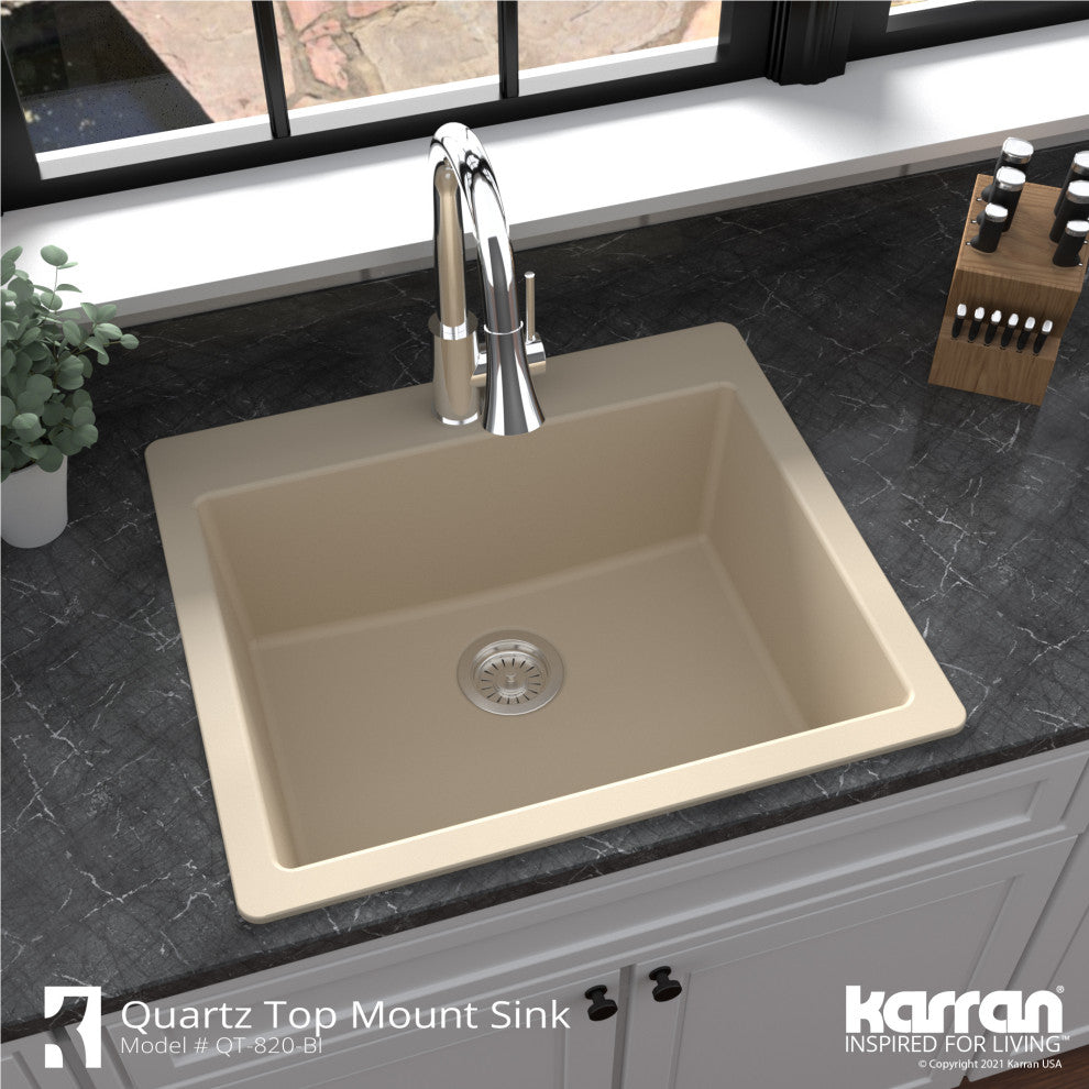 Karran QT-820 Top Mount 25" Single Bowl Quartz Kitchen Sink, Bisque